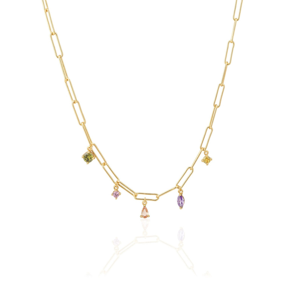 Sif Jakobs gold plated paperclip ketting met groen, paars, roze, oranje en gele zirkonia's SJ-N22122-XCZ-SG