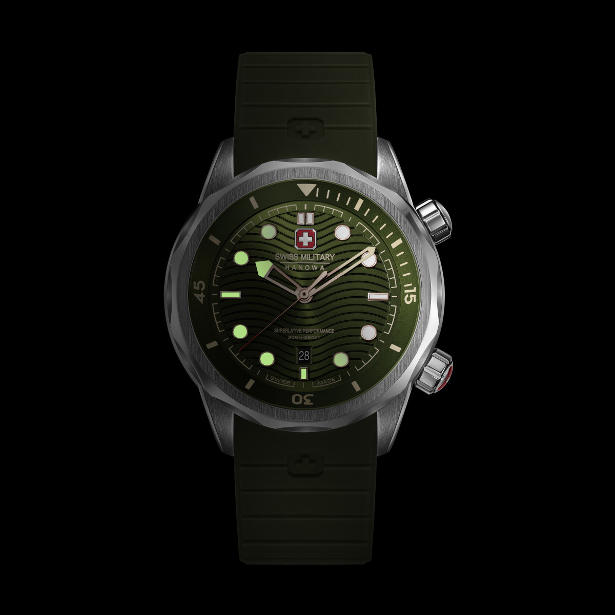 Swiss Military Hanowa Breakwater SMWGN0006402 duikhorloge met groene siliconen band en zilverkleurige kast