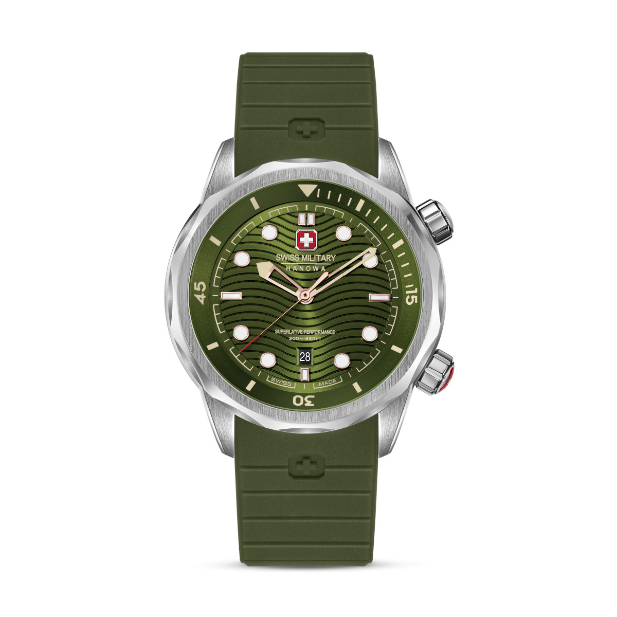 Swiss Military Hanowa Breakwater SMWGN0006402 duikhorloge met groene siliconen band en zilverkleurige kast