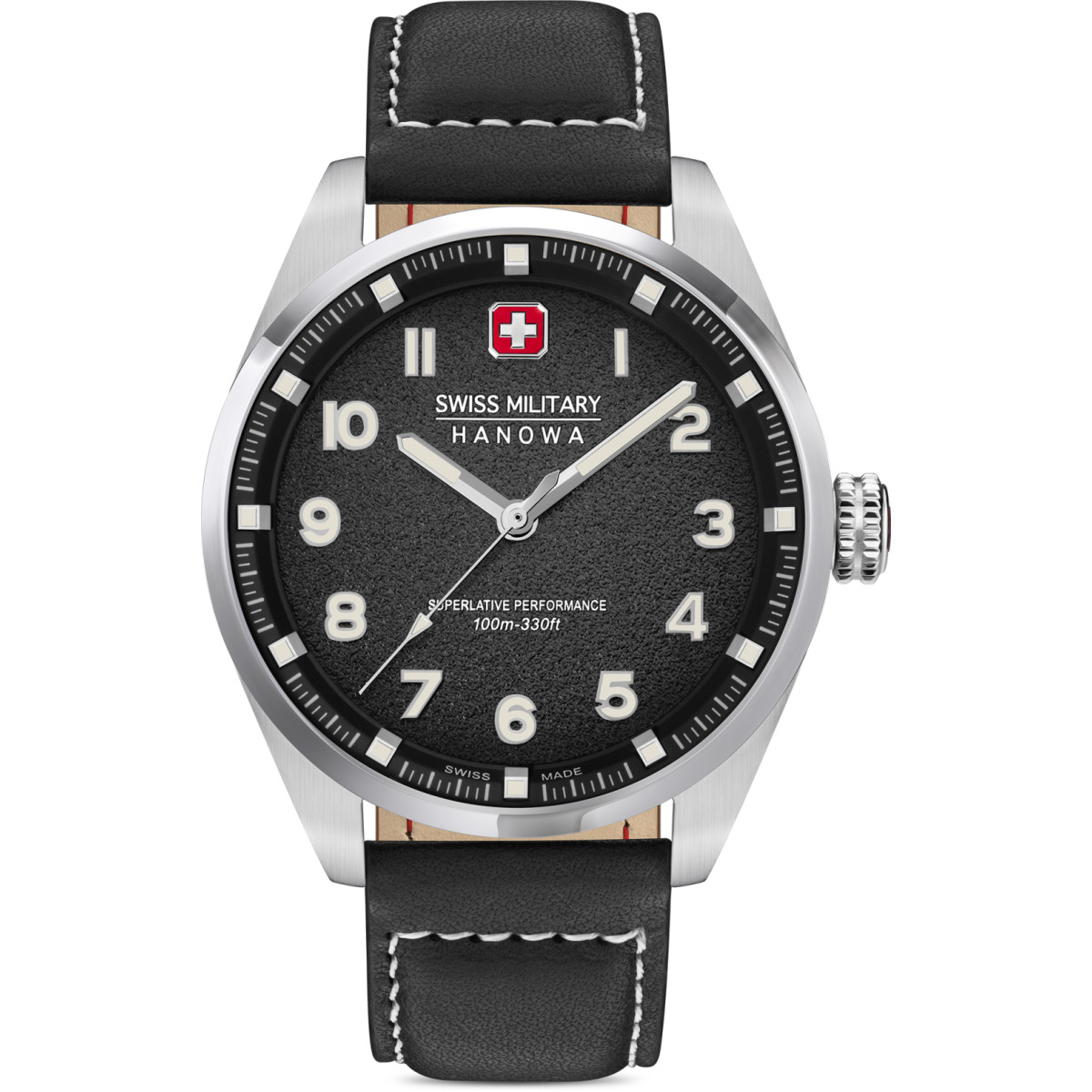 Swiss Military Hanowa Greyhound  SMWGA0001505 Quartz horloge van zilverkleurig staal en zwart leer - Ø 42 mm