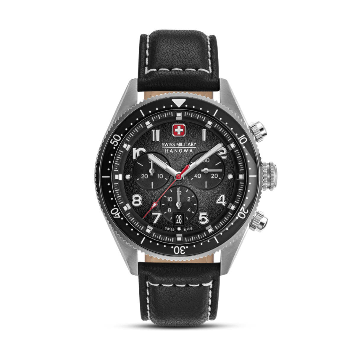 Swiss Military Hanowa Greyhound SMWGC0003801 chronograaf horloge van staal met zwartlederen band - Ø 43 mm