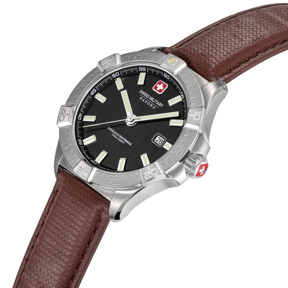 Swiss Military Hanowa Jockworth SMWGB0008002 bruin horloge met leren band en zwarte wijzerplaat - Ø 42 mm
