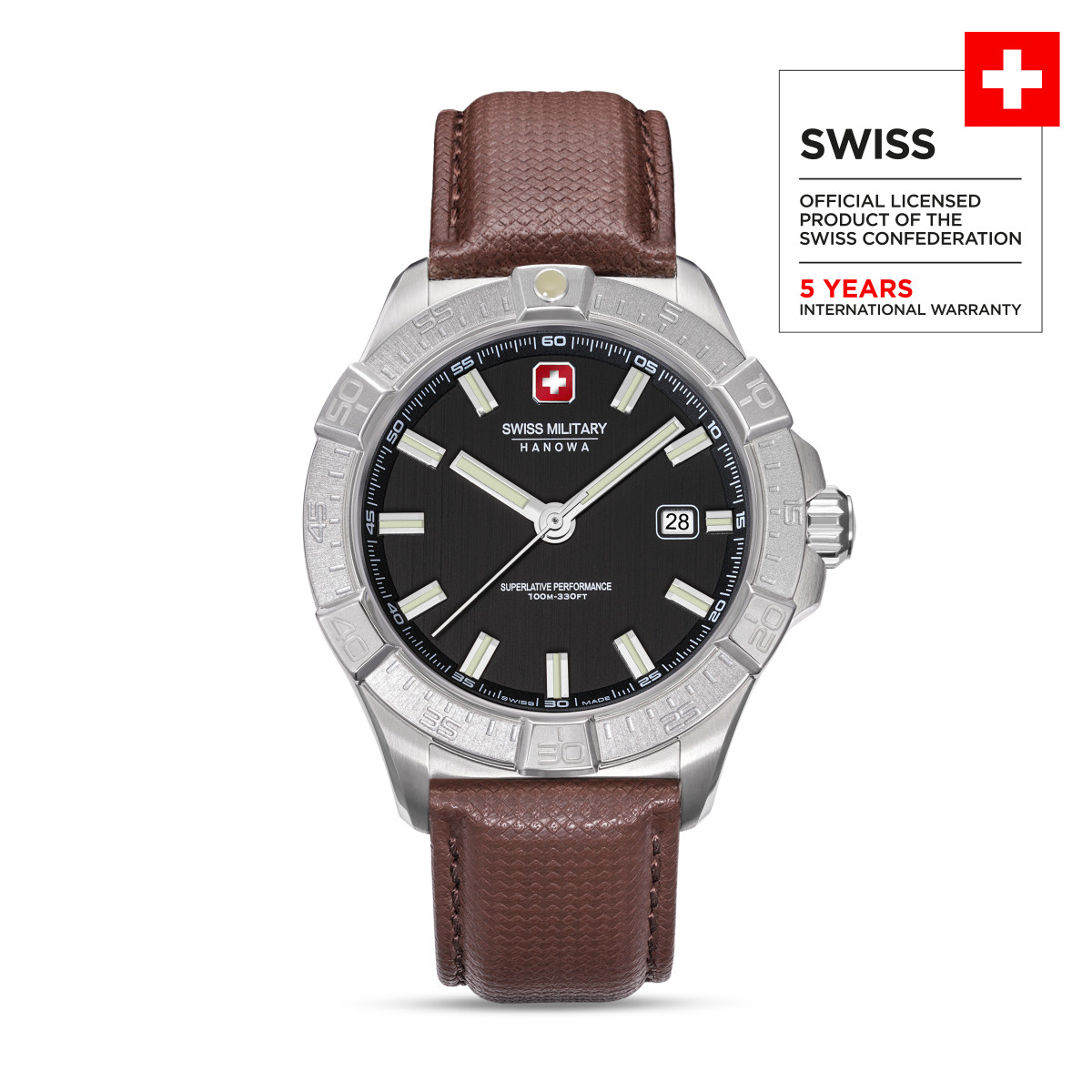Swiss Military Hanowa Jockworth SMWGB0008002 bruin horloge met leren band en zwarte wijzerplaat - Ø 42 mm