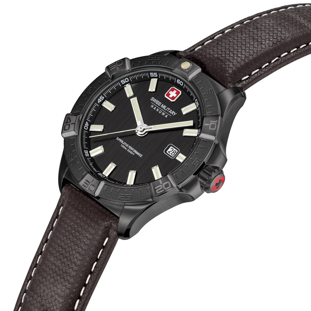 Swiss Military Hanowa Jockworth SMWGB0008030 horloge met zwarte kast en bruine leren band - Ø 42 mm