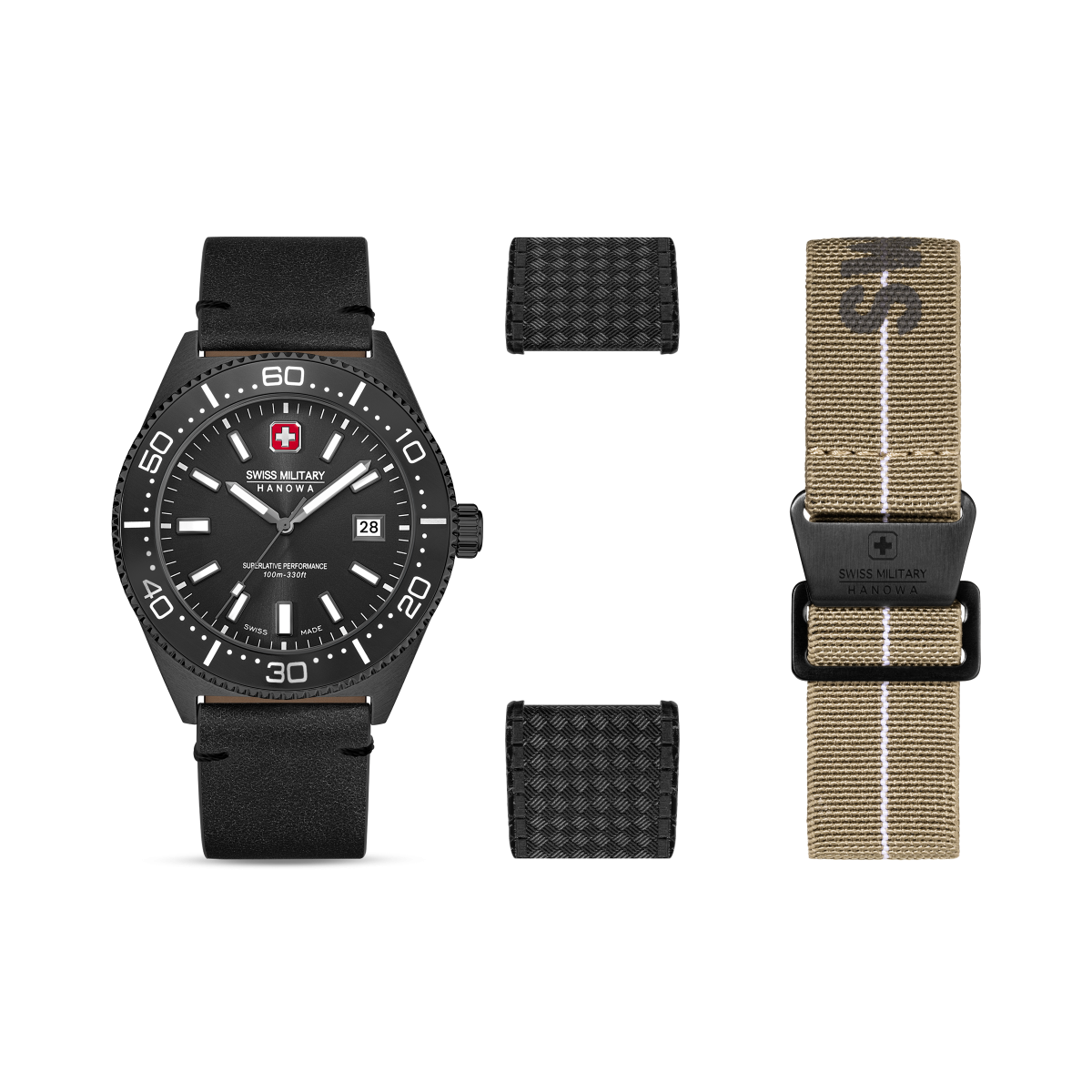 Swiss Military Hanowa Nomad SMWGB0004940-SET Herenhorloge van zwart staal met drie horlogebanden - Ø 43 mm