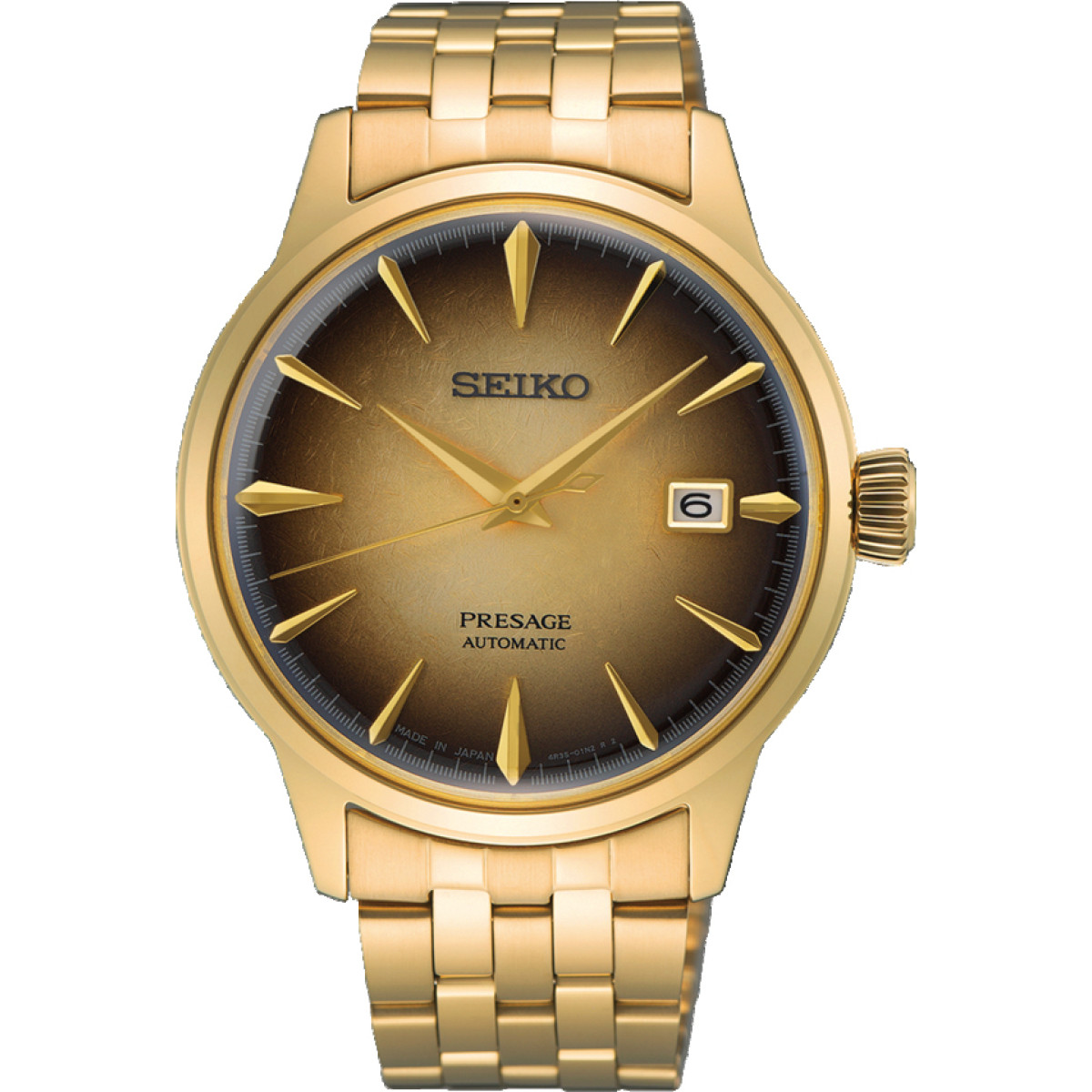 Seiko Presage SRPK48J1 herenhorloge goudkleurig met stalen band en bruine wijzerplaat