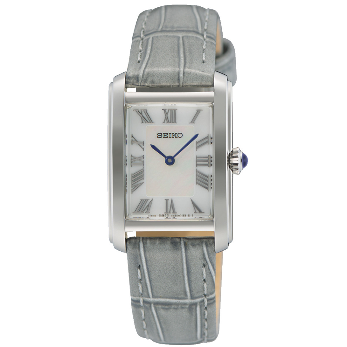Seiko SWR099P1 dameshorloge van staal met witte wijzerplaat en grijze lederen band