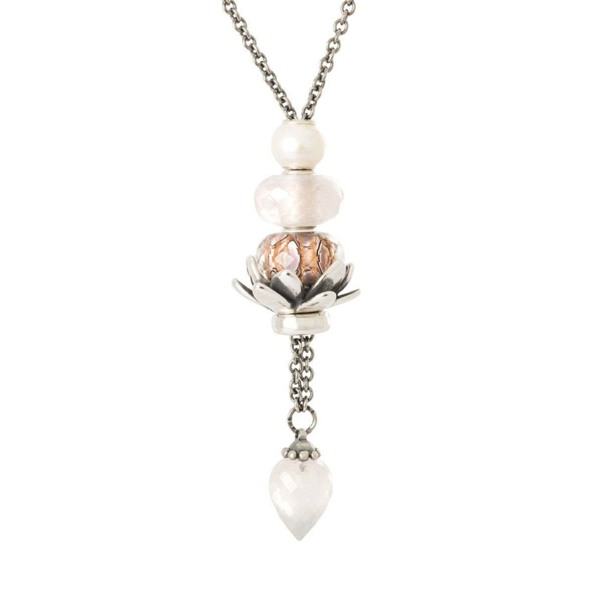 Trollbeads zilveren collier zonder sluiting met roze rozenkwarts edelsteen