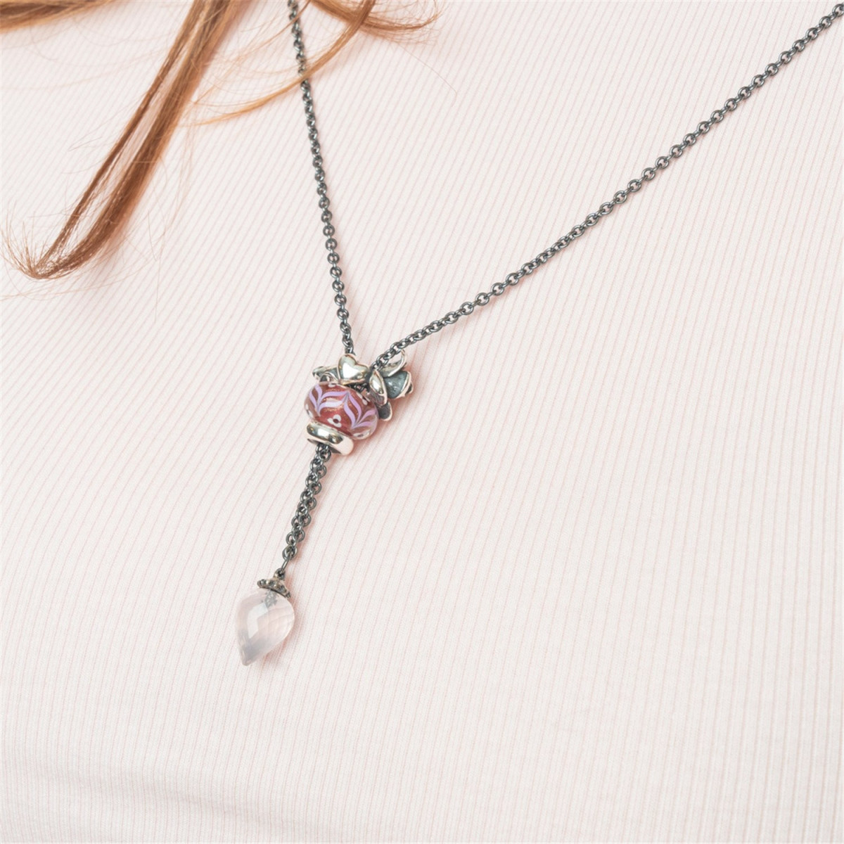Trollbeads zilveren collier zonder sluiting met roze rozenkwarts edelsteen