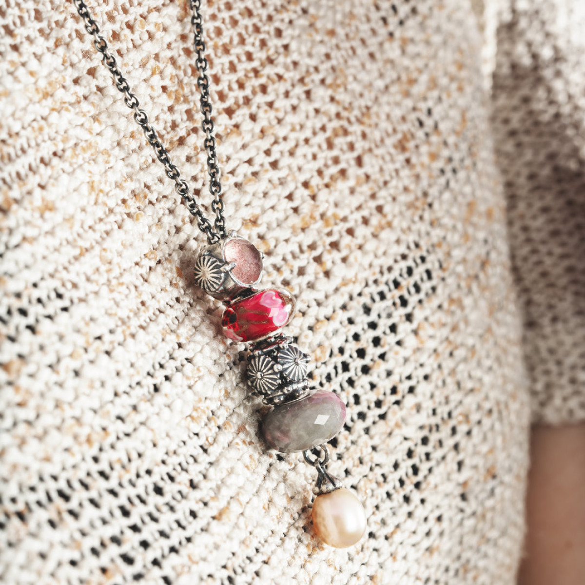 Trollbeads zilveren ketting met roze zoetwaterparel 