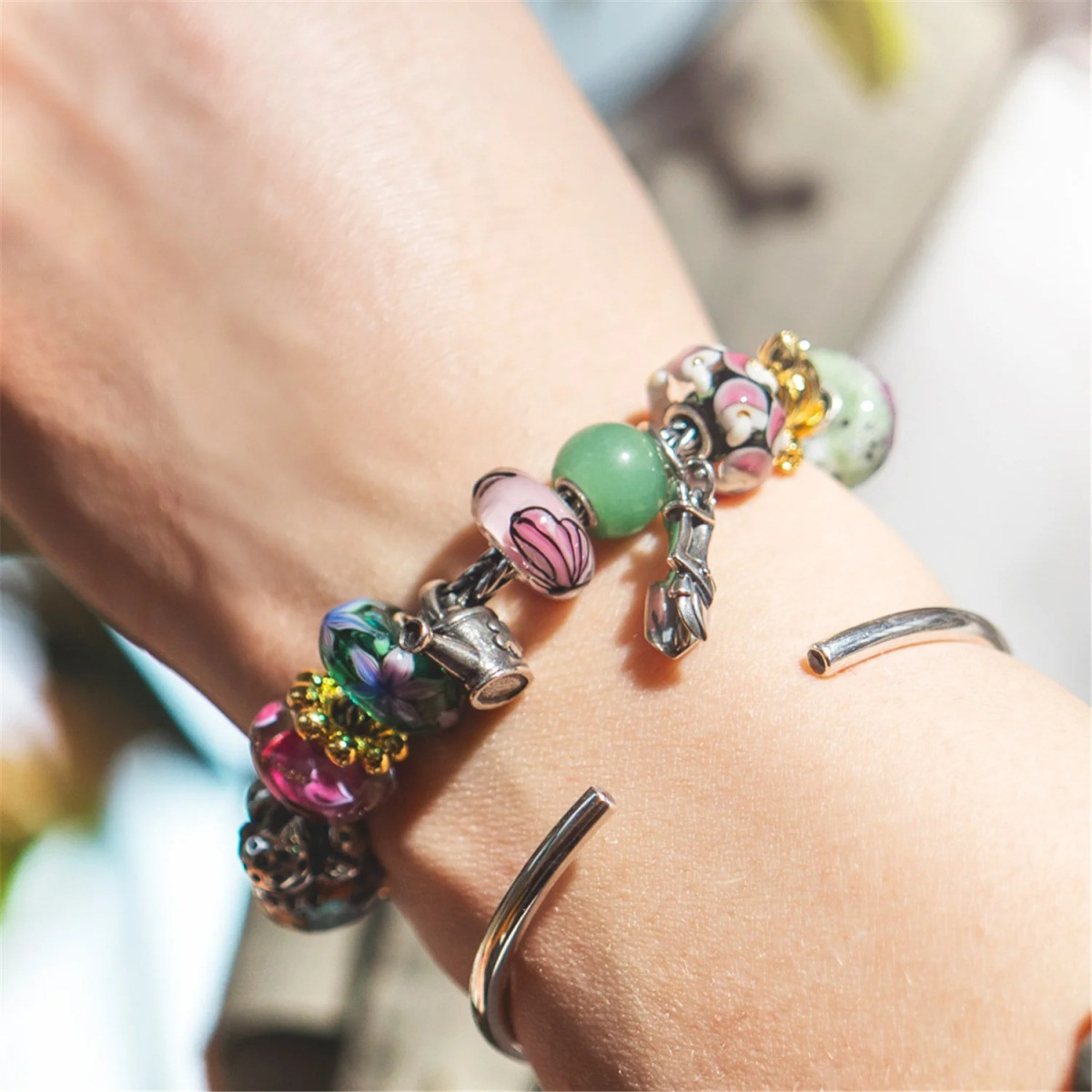 Trollbeads TGLBE-20477 Roze Bloesemfladder vlinder kraal van zilver en glas