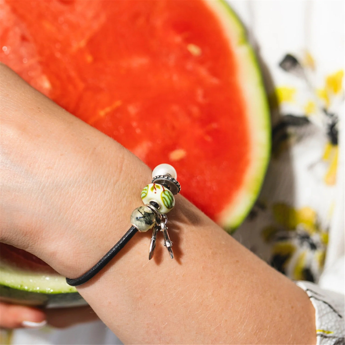 Trollbeads TGLBE-20485 Watermeloen glazen kraal met groene watermeloenen - Special edition
