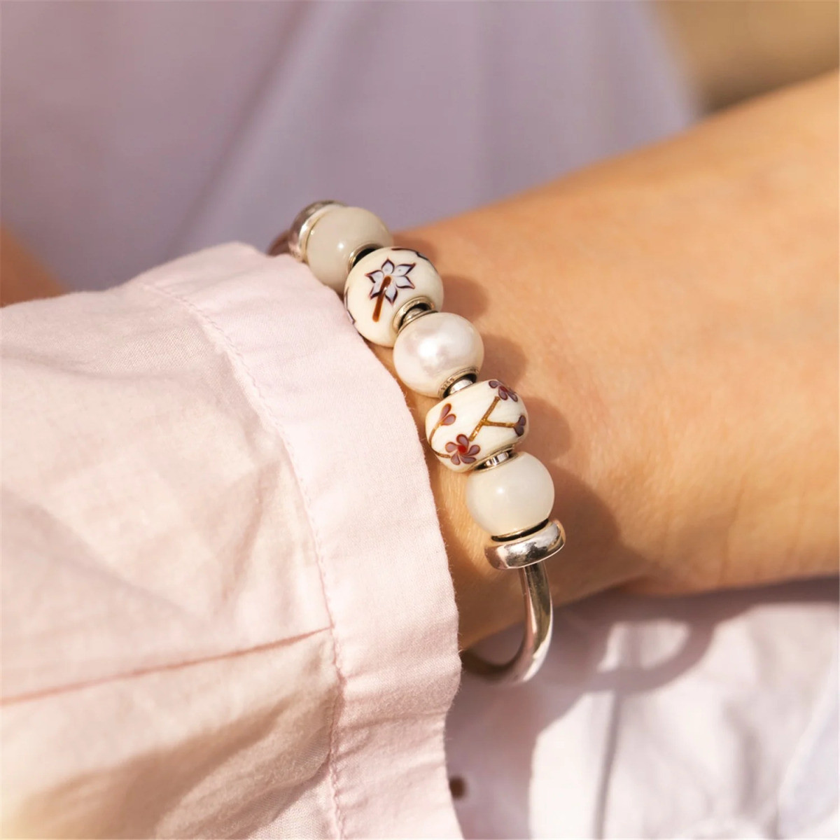 Trollbeads TGLBE-30199 Stedelijk ritme glazen bedel met bruin paarse bloemen - Special edition
