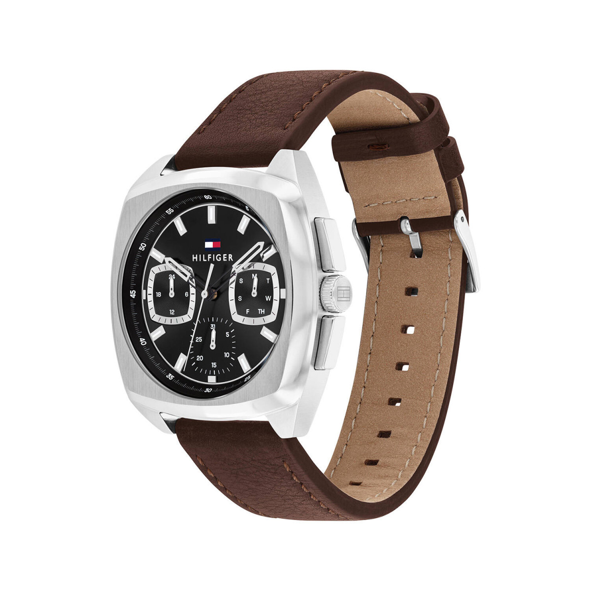 Tommy Hilfiger Apollo TH1710555 Chronograaf herenhorloge met leren band - Zwart wijzerplaat - Vierkante kast Ø 41 mm