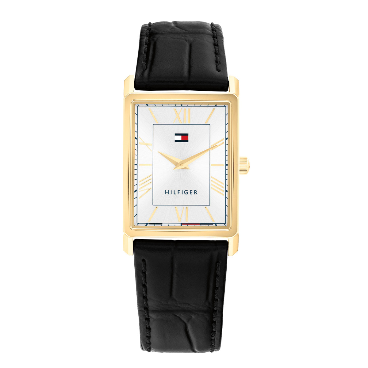 Tommy Hilfiger Ben TH1710772 herenhorloge met rechthoekige goudkleurige kast en zwarte band - Ø 40 mm