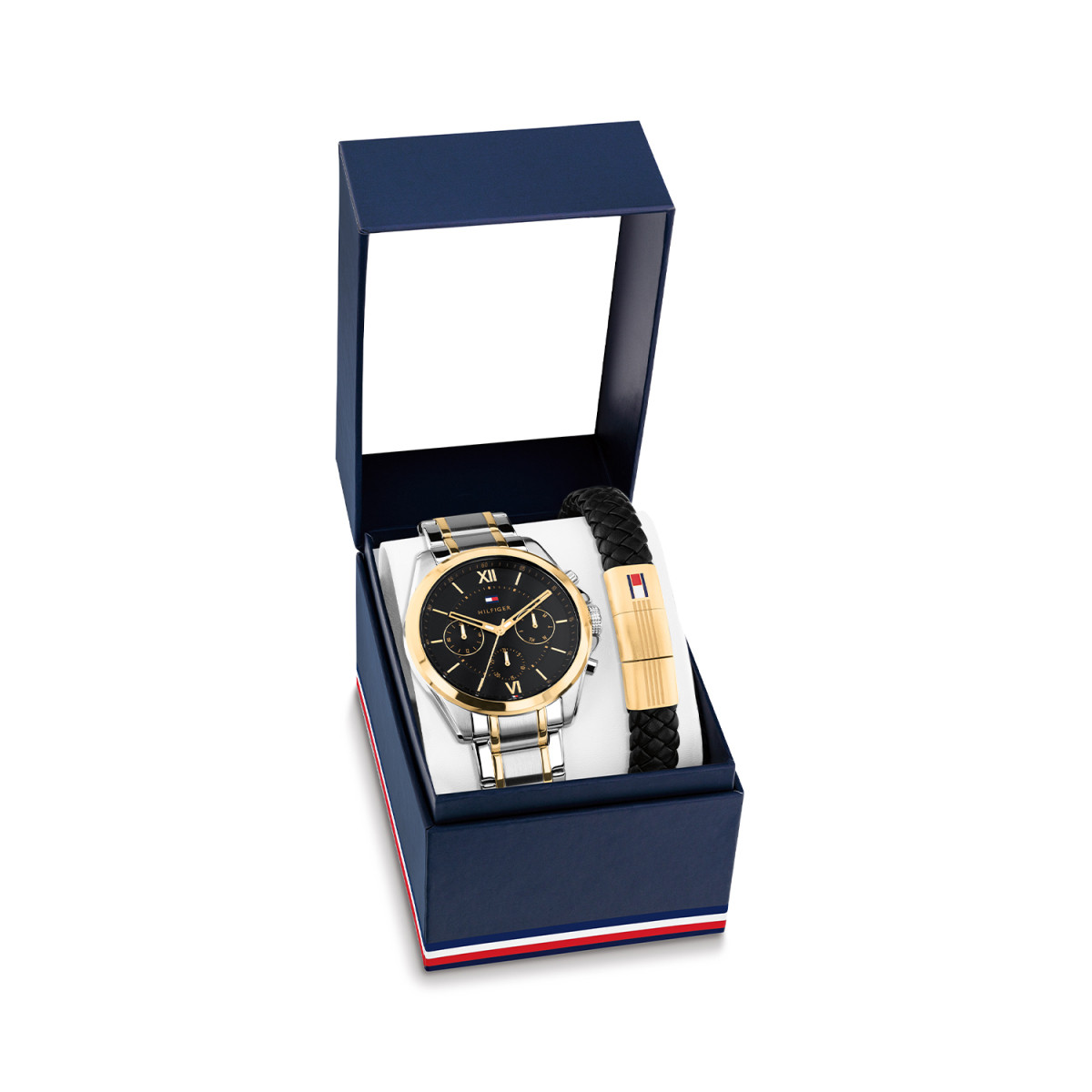 Tommy Hilfiger Josh TH2770248 giftset met bicolor horloge en zwart leren armband - Ø 42 mm
