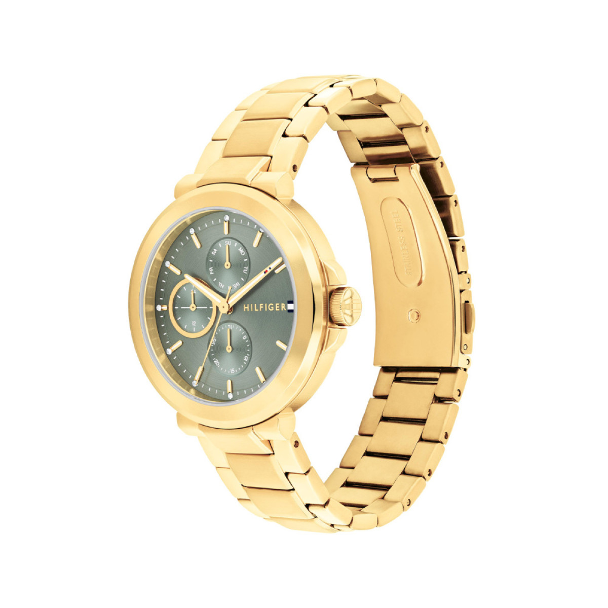 Tommy Hilfiger Lori TH1782755 Gold plated dameshorloge met datum op groene wijzerplaat
