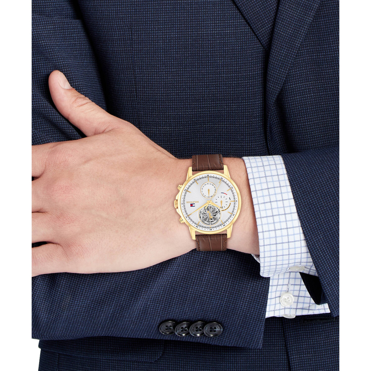 Tommy Hilfiger Stewart TH1710631 Chronograaf herenhorloge met leren band - Zilverkleurige wijzerplaat - Goudkleurige kast - Ø 44 mm