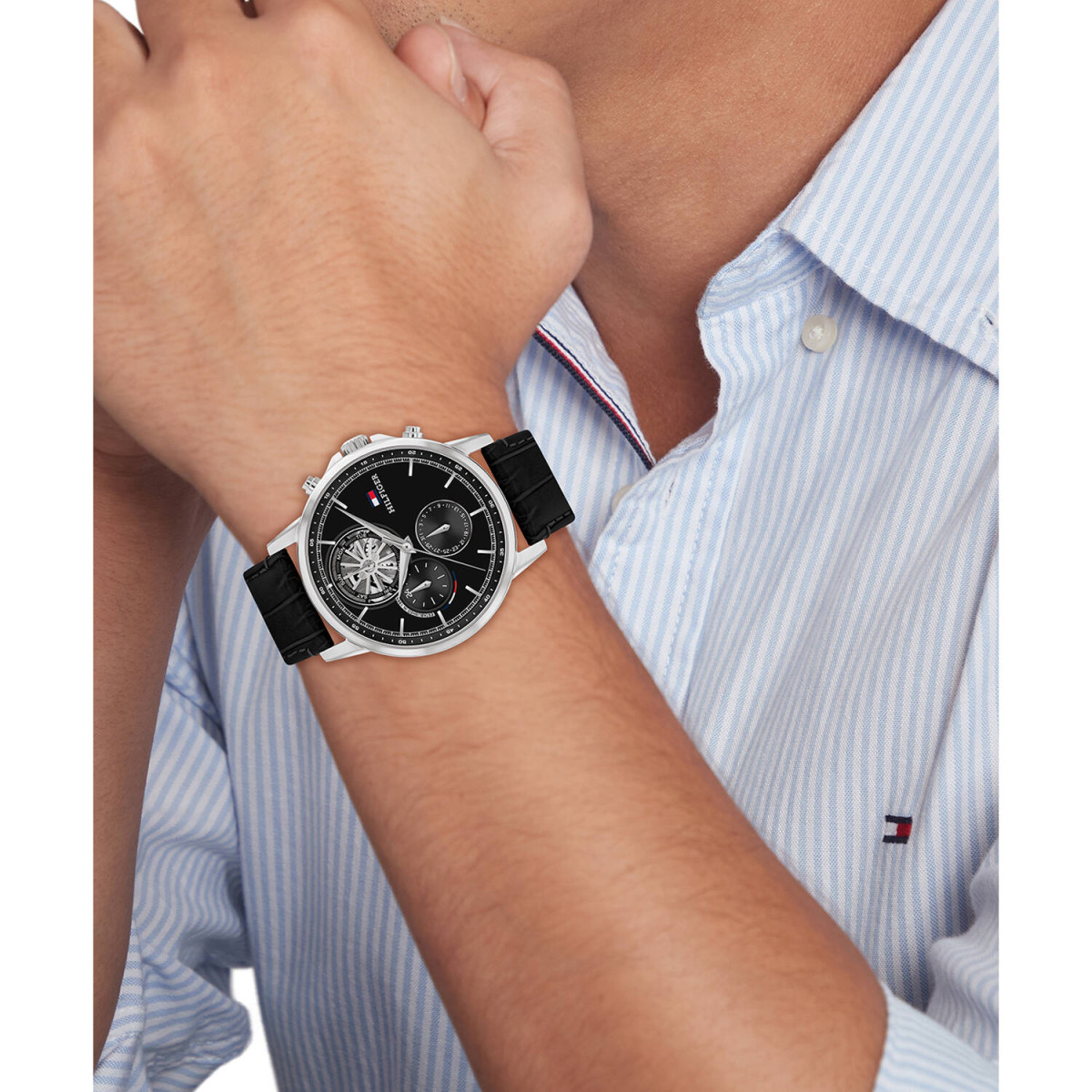 Tommy Hilfiger TH1710605 Stewart Chronograaf herenhorloge met leren band - Zwart - Ø 44 mm