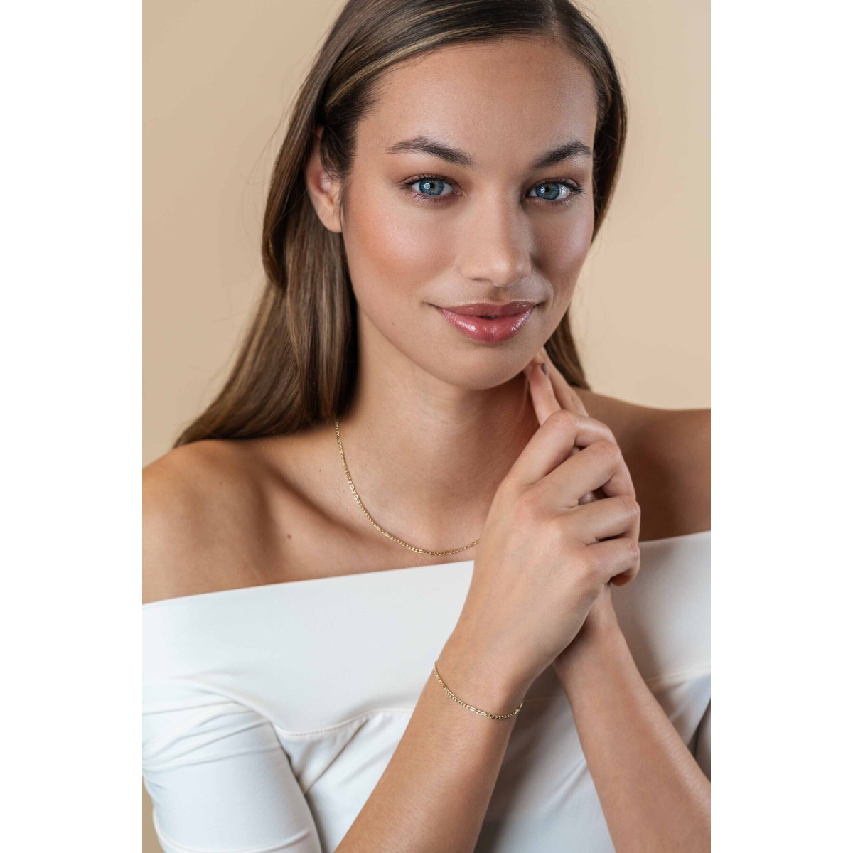 Zinzi Amaka's Favorieten ZGA498 gouden gourmet armband met valkenoog schakels 2.1 mm breed - Lengte 17-19 cm