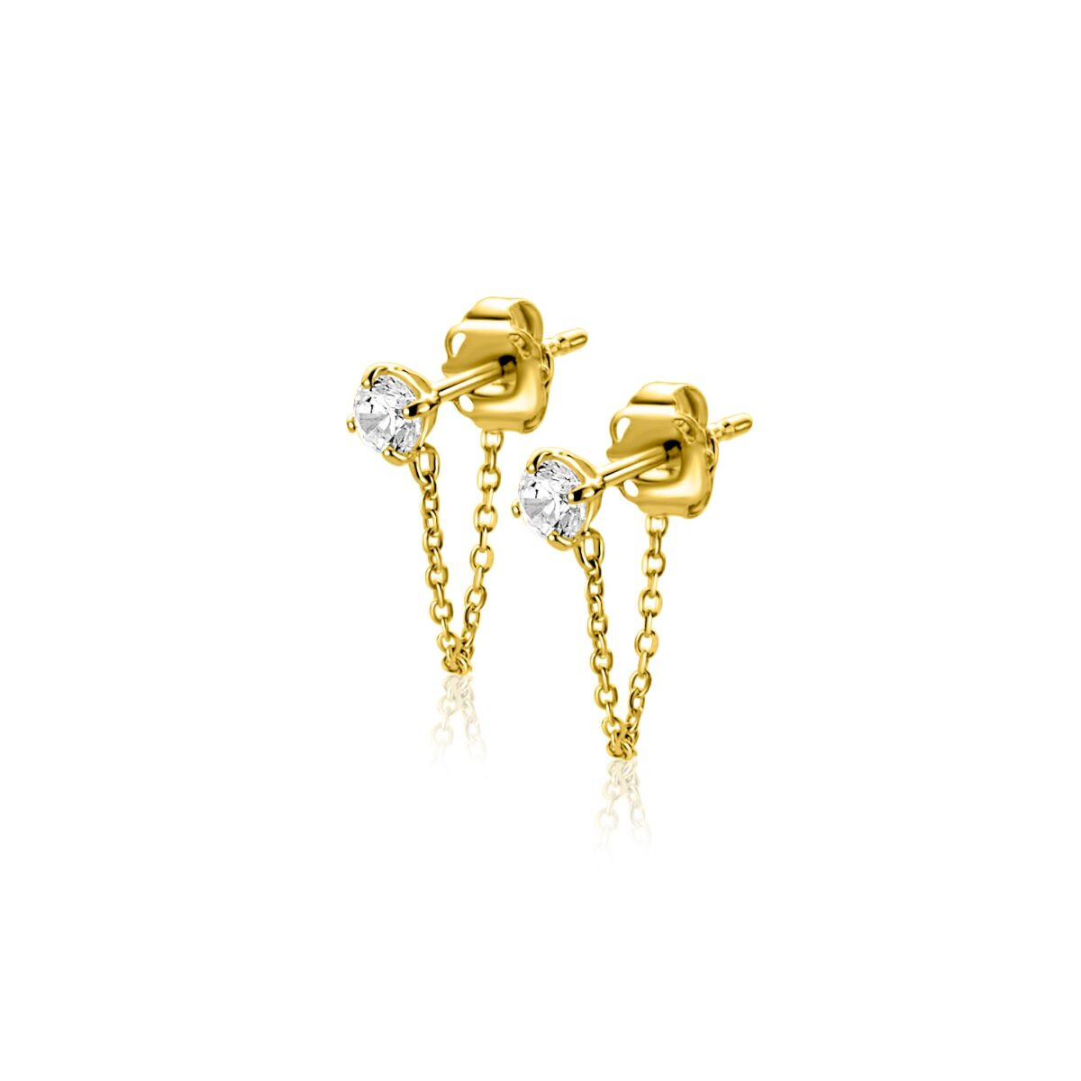 Zinzi Liekes Favorieten ZGO552 gouden oorstekers met schakelketting en zirkonia 3 mm breed - Hoogte 12 mm