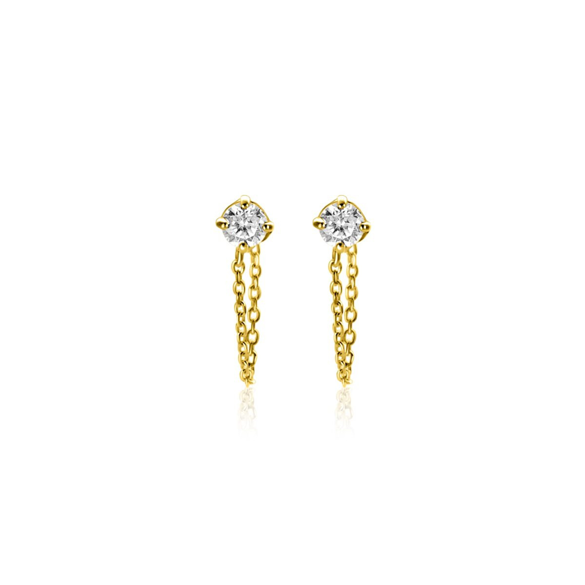 Zinzi Liekes Favorieten ZGO552 gouden oorstekers met schakelketting en zirkonia 3 mm breed - Hoogte 12 mm