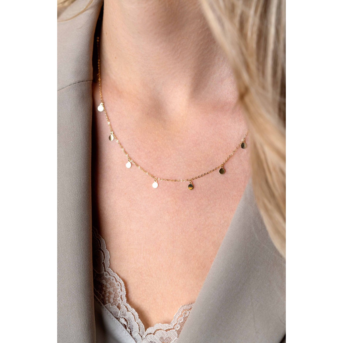Zinzi ZGC488 gouden schakelketting met negen ronde hangers 6 mm breed - Lengte 40-45 cm