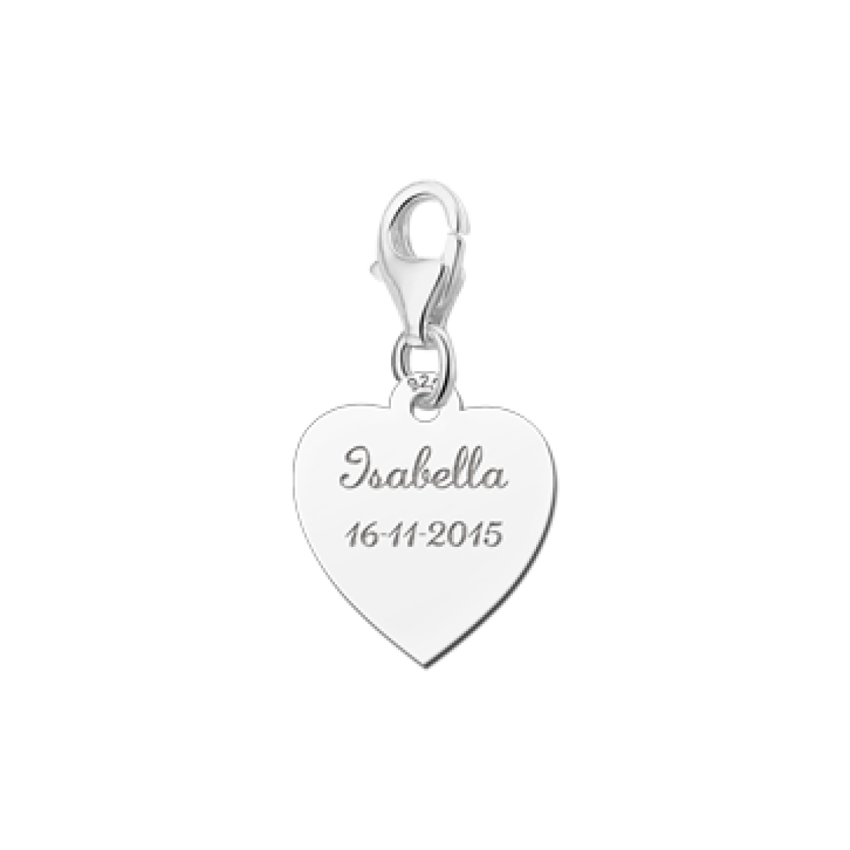 Zilveren bedel hart met naam en datum Names4ever