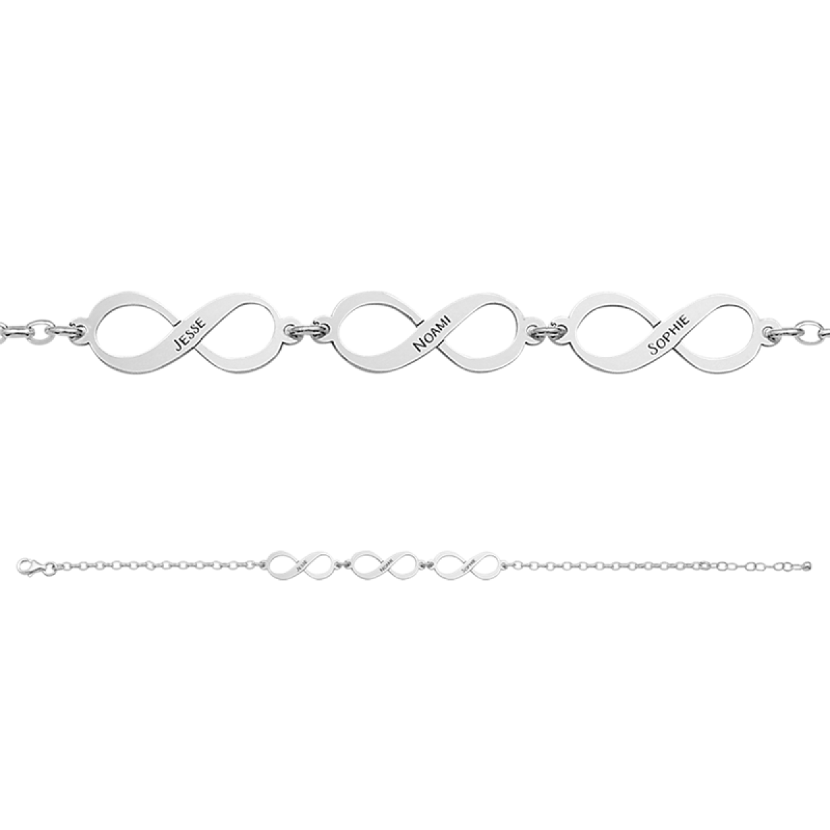 Zilveren infinity armband met drie namen