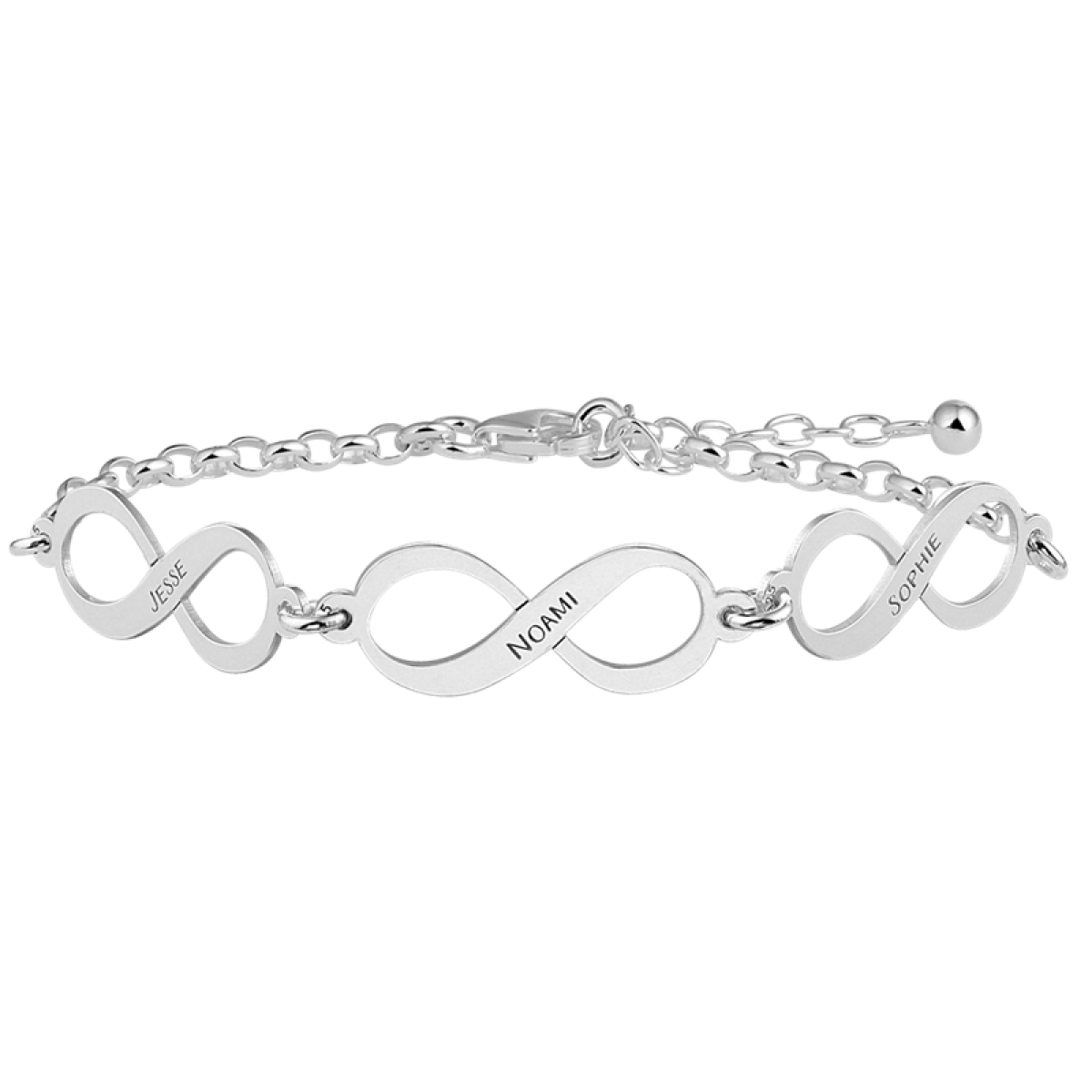 Zilveren infinity armband met drie namen