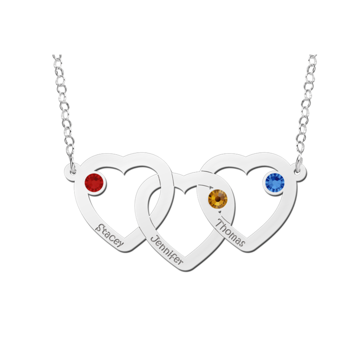Zilveren ketting met drie hartjes en geboortestenen