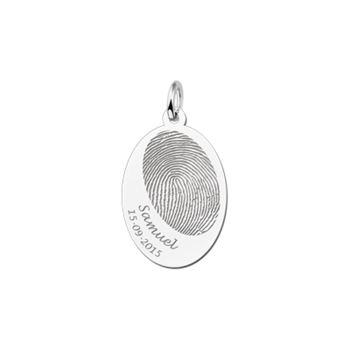 Zilveren vingerafdruk sieraad ovaal naam en datum - 24.5 mm x 16 mm - Names4ever