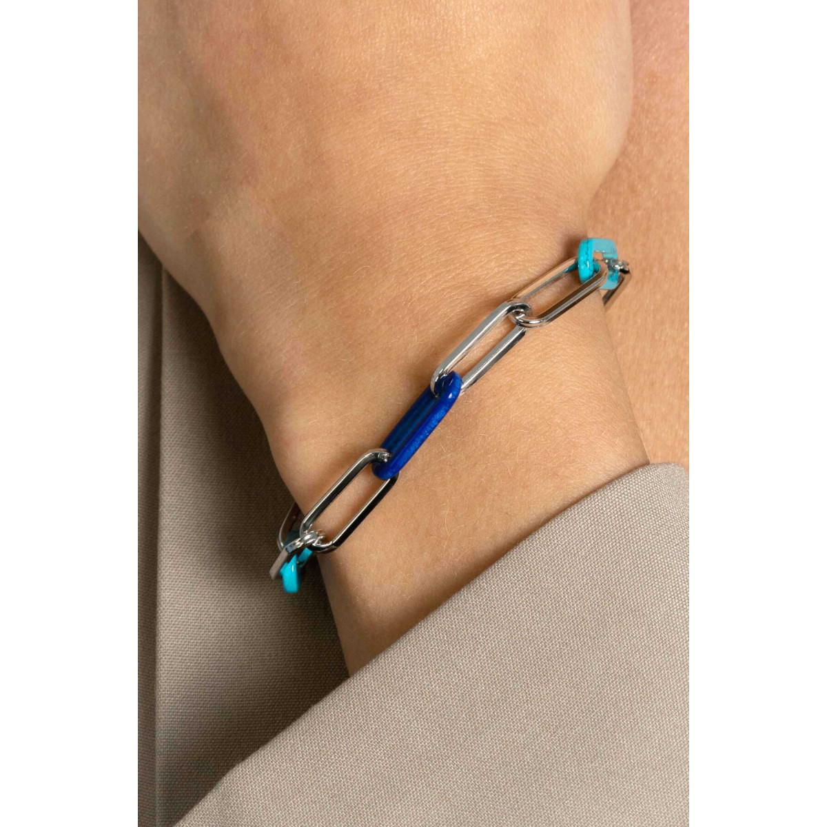 Zinzi Chain ZIA2456 zilveren armband met blauwe en turquoise schakels 7 mm breed - Lengte 19 cm