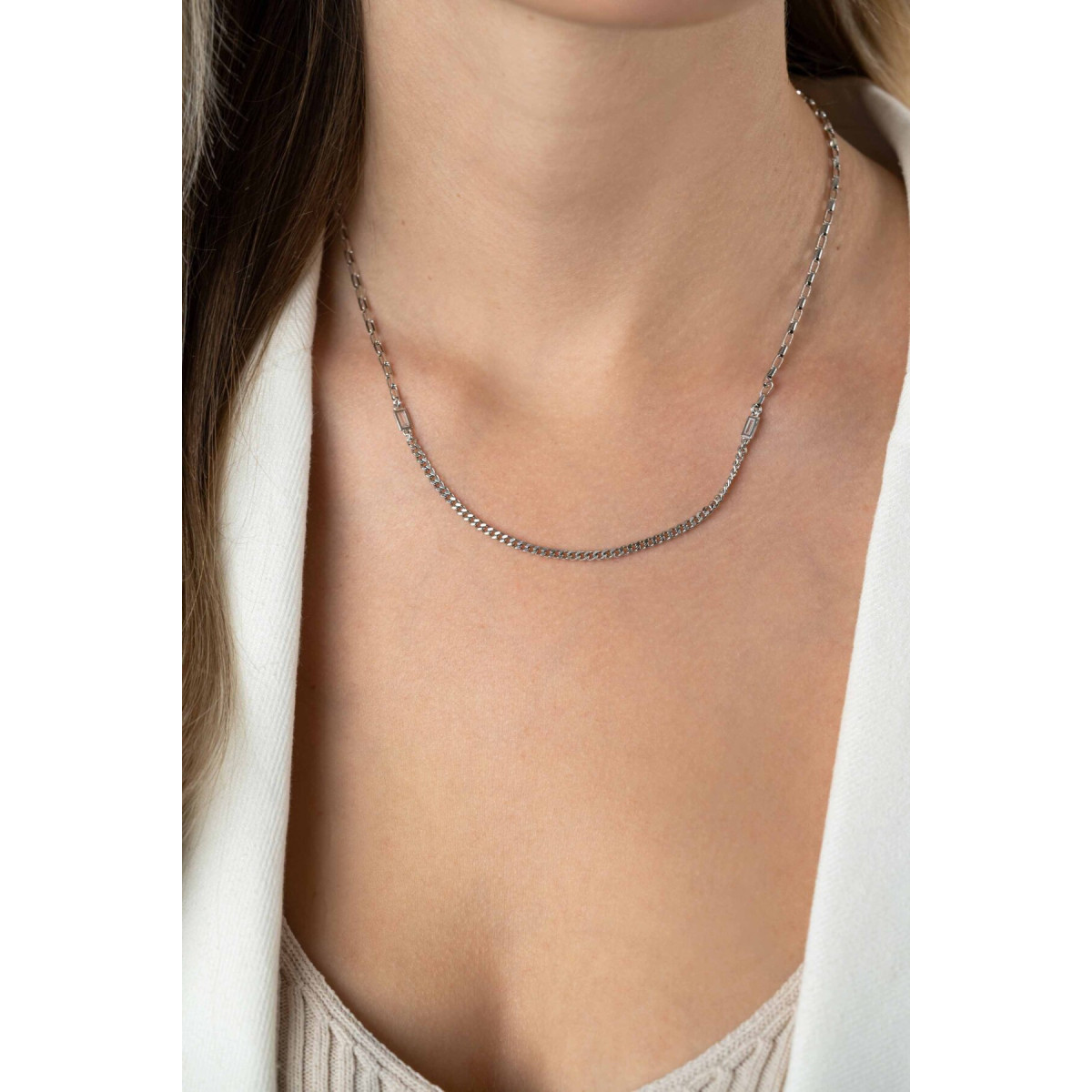 Zinzi Chain ZIC2519 zilveren ketting met zirkonia rechthoek 3.2 mm breed - Lengte 42-45 cm