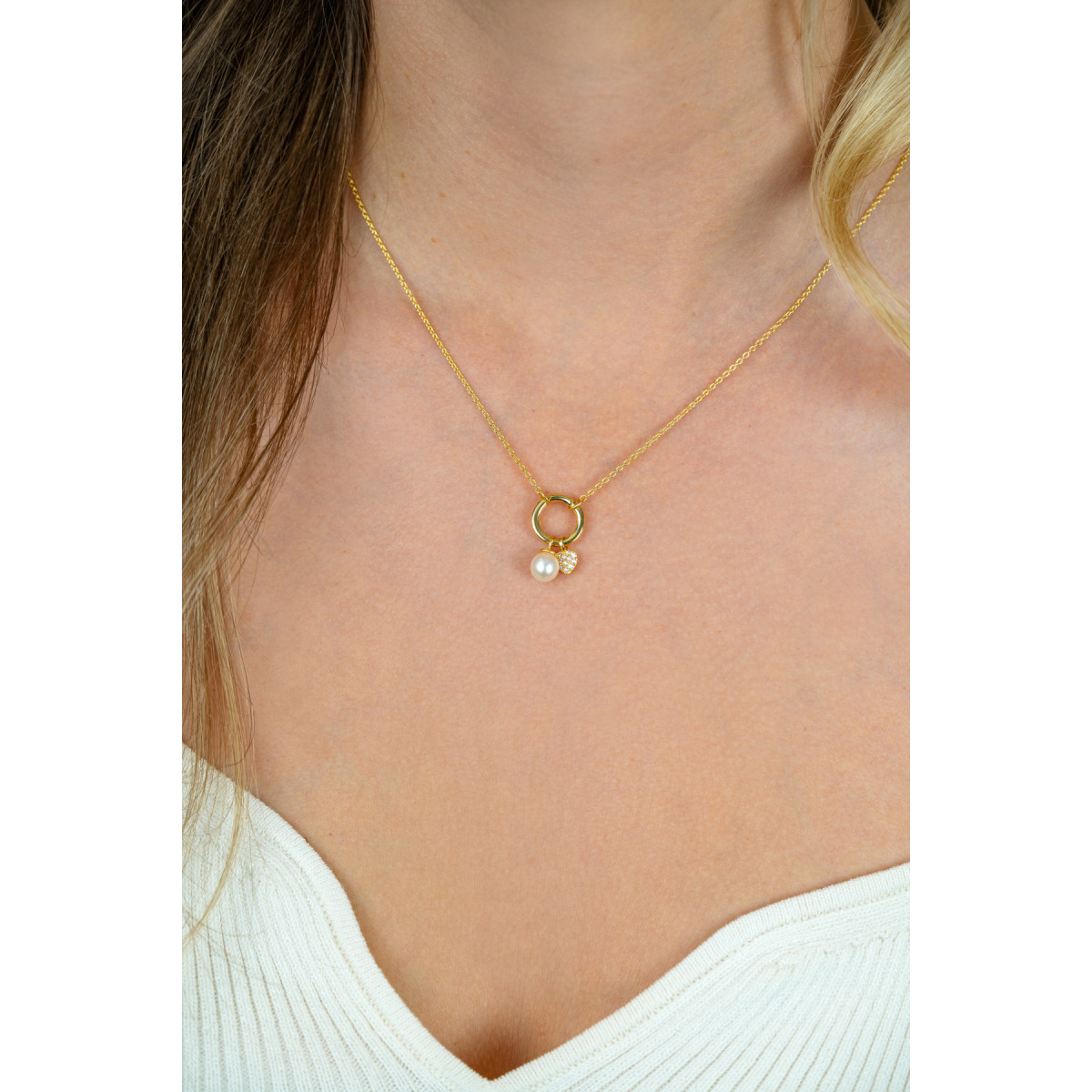 Zinzi Liekes Favorieten ZIC2738 gold plated ketting hart en parel 10 mm - Lengte 42-45 cm