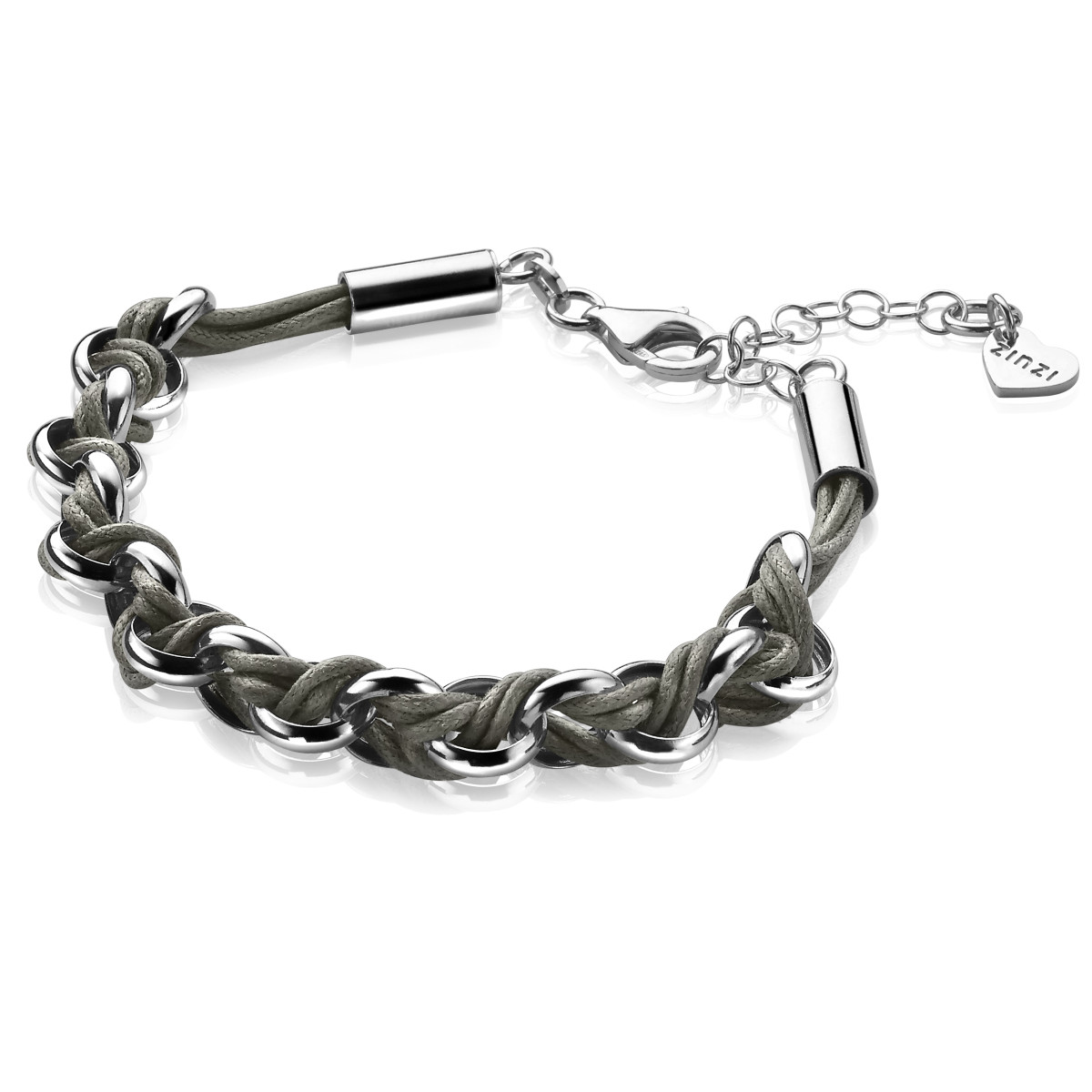 Zinzi ZIA1035G zilveren armband met jasseron schakels en grijs koord 9 mm breed - Lengte 18.5-21 cm