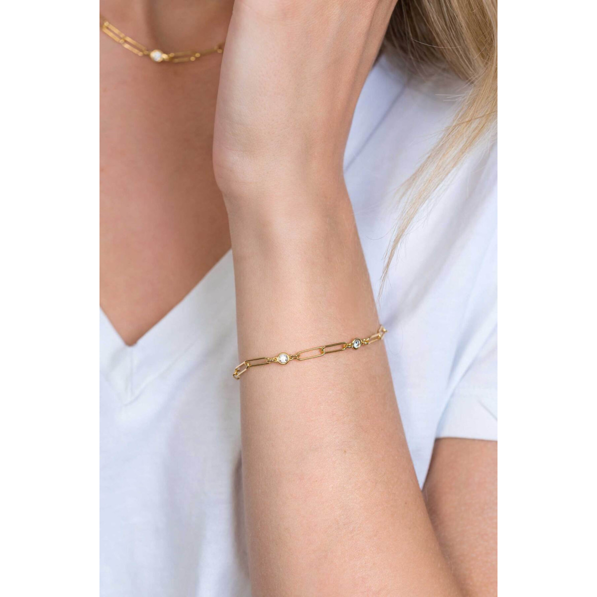 Zinzi ZIA2079Y gold plated armband met paperclip schakels en zirkonia's 4.3 mm breed - Lengte 17-20 cm
