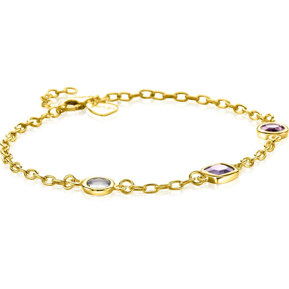Zinzi ZIA2525G gold plated armband met 3 paarse zirkonia's 7.3 mm breed - Lengte 17-20 cm
