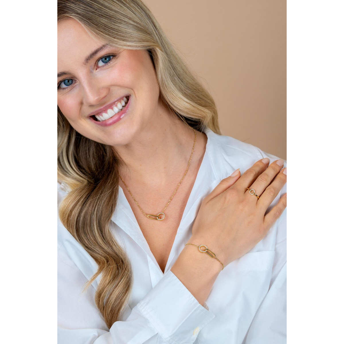 Zinzi ZIA2809 gold plated armband met zirkonia cirkel en glanzende ovaal 11 mm breed - Lengte 17-20 cm