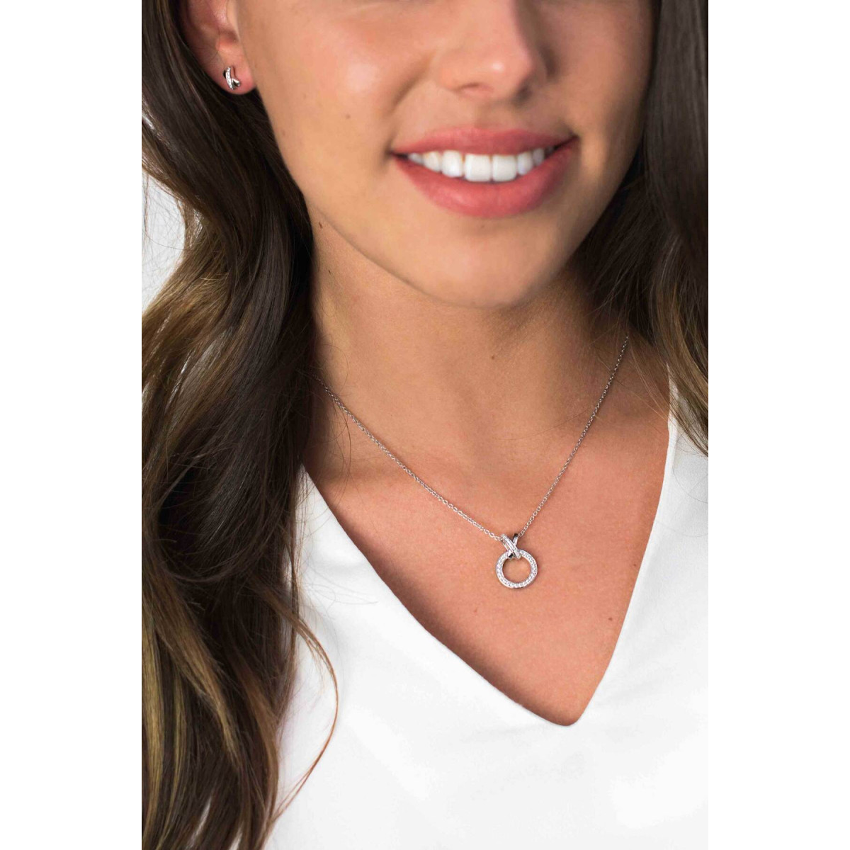 Zinzi ZIC1816 zilveren ketting met hanger rondje met zirkonia 14.5 mm - Lengte 42-45 cm