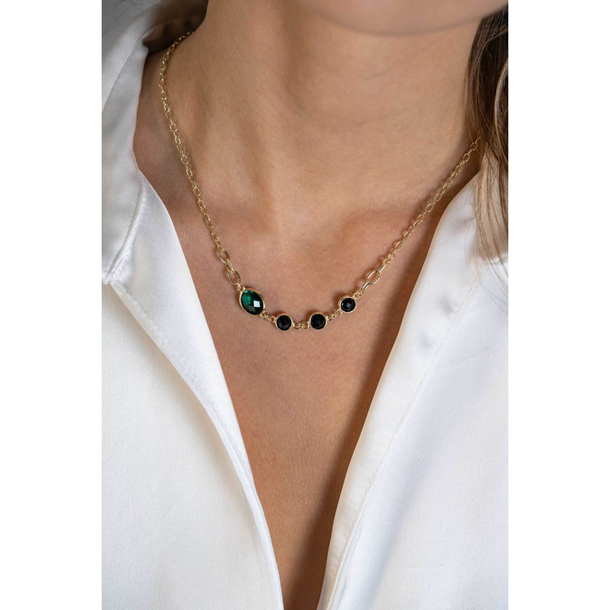 Zinzi ZIC2389 ketting met ronde zwarte en ovale groene zirkonia 9.3 mm breed - Lengte 42-45 cm