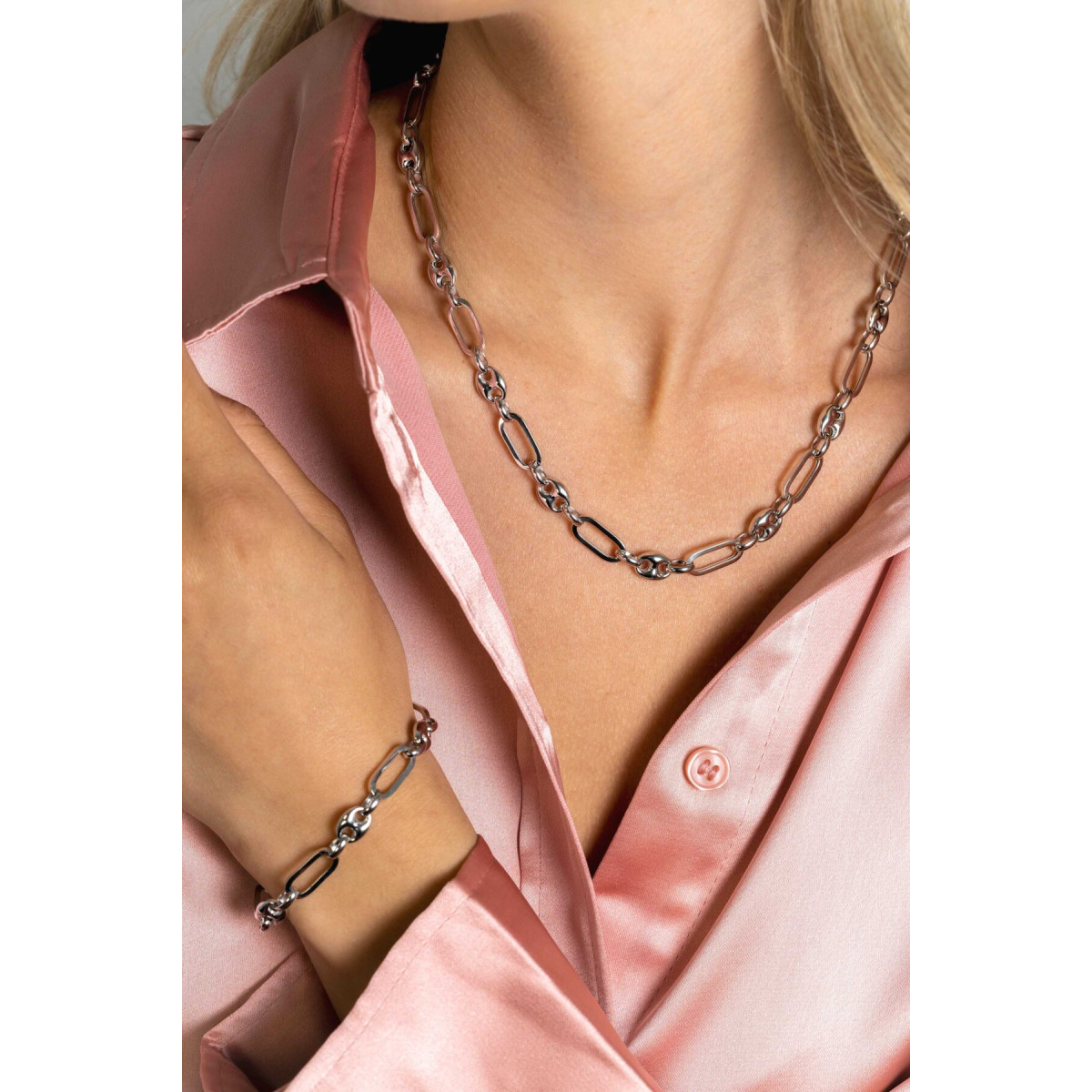Zinzi ZIC2484 zilveren schakelketting koffieboon ovaal - Lengte 45 cm