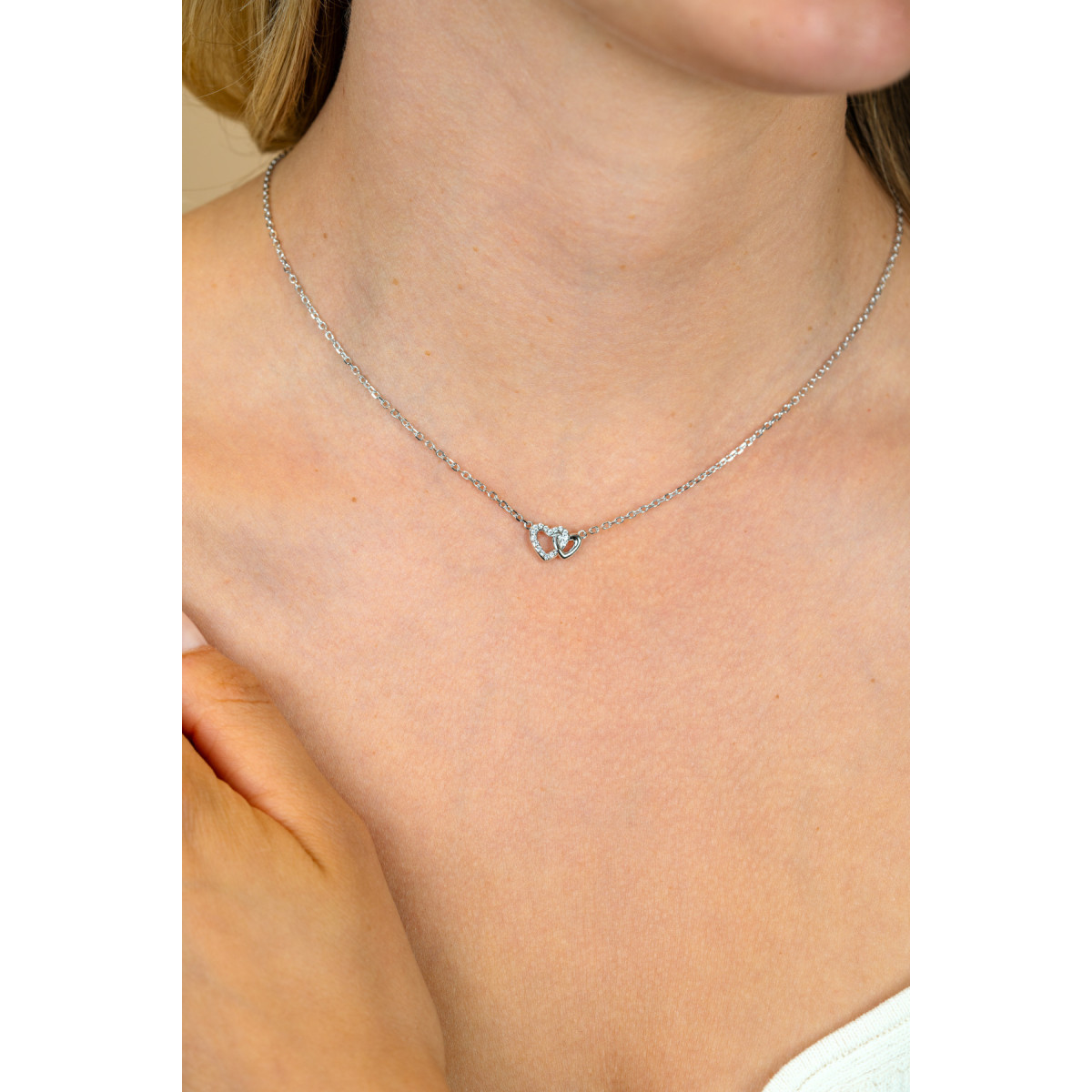 Zinzi ZIC2493 zilveren ketting met hanger 2 harten zirkonia 7.7 mm breed - Lengte 42-45 cm