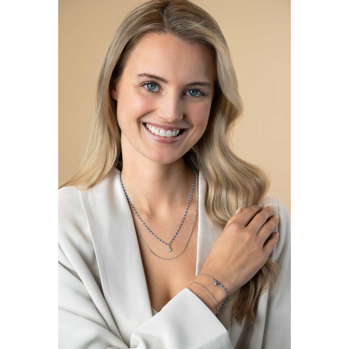 Zinzi ZIC2529 zilveren schakelketting met blauwe kralen 2 mm breed - Lengte 42-45 cm