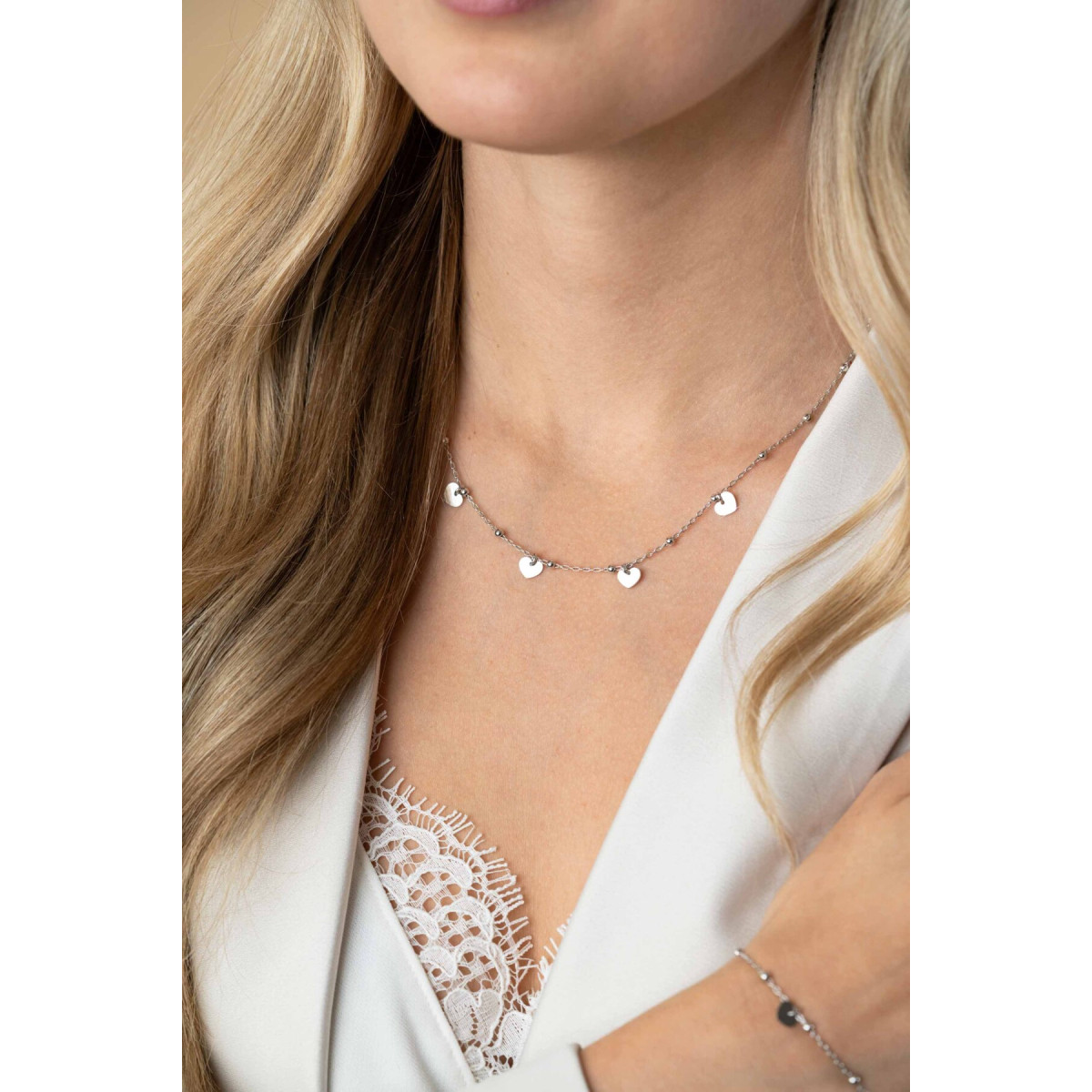 Zinzi ZIC2531 zilveren bolletjes ketting met hangers hart 7 mm breed - Lengte 42-45 cm