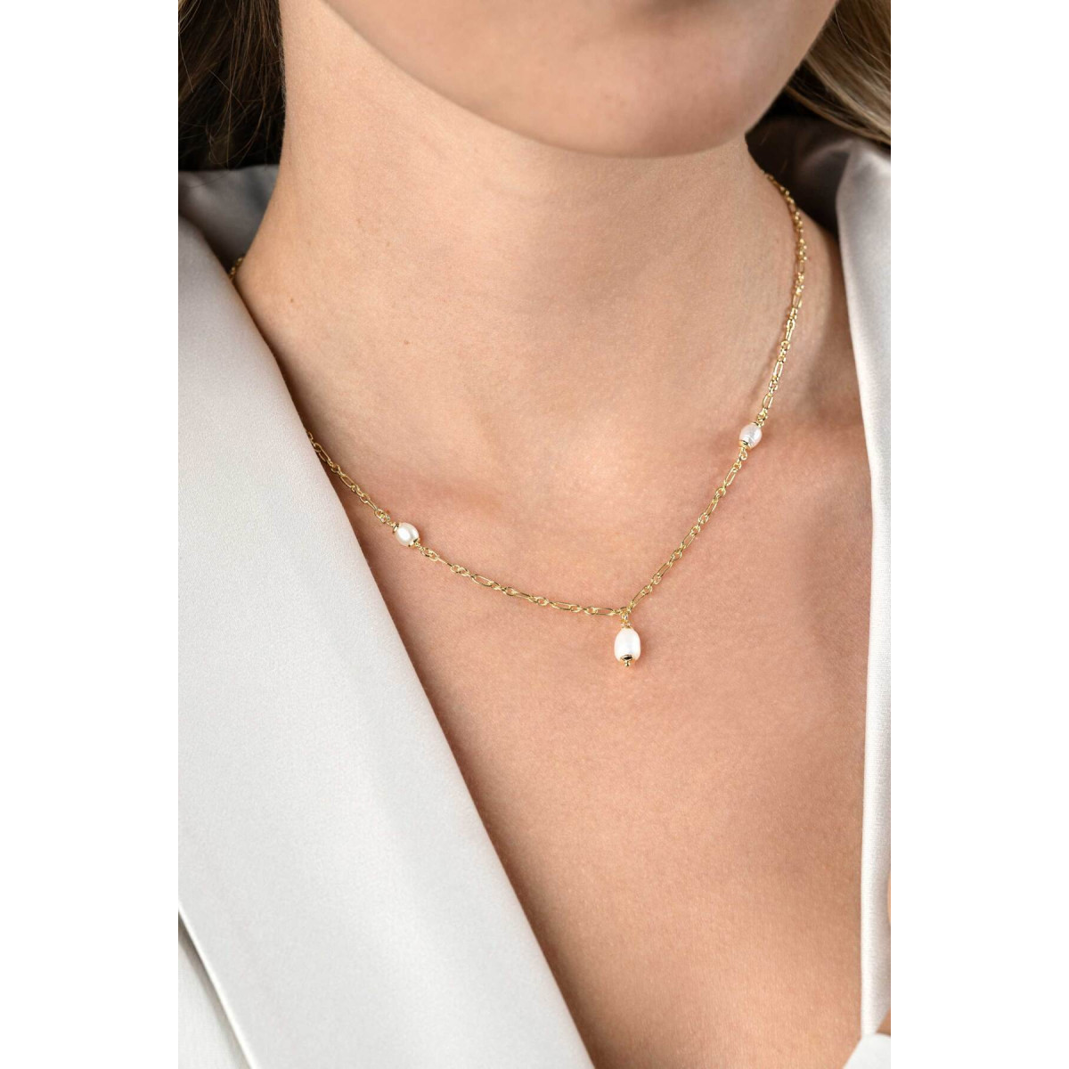Zinzi ZIC2588 gold plated damesketting met witte zoetwaterparels - Lengte 40-45 cm