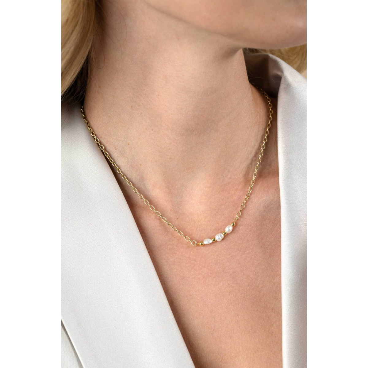 Zinzi ZIC2643 gold plated jasseron ketting met witte zoetwaterparels - Lengte 42-45 cm