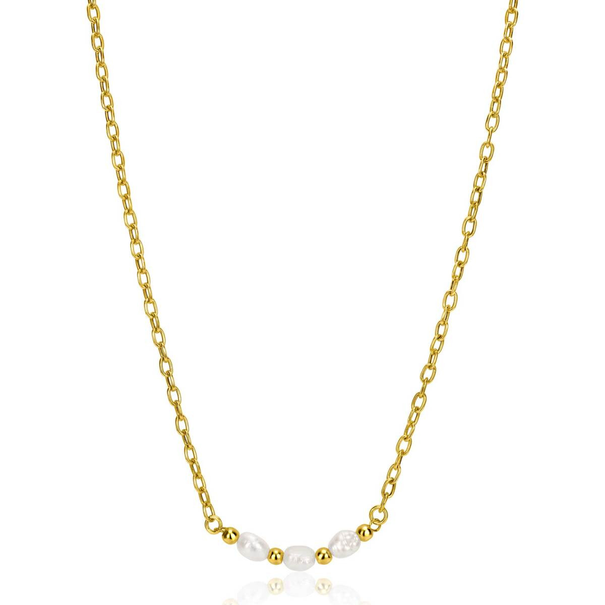 Zinzi ZIC2643 gold plated jasseron ketting met witte zoetwaterparels - Lengte 42-45 cm