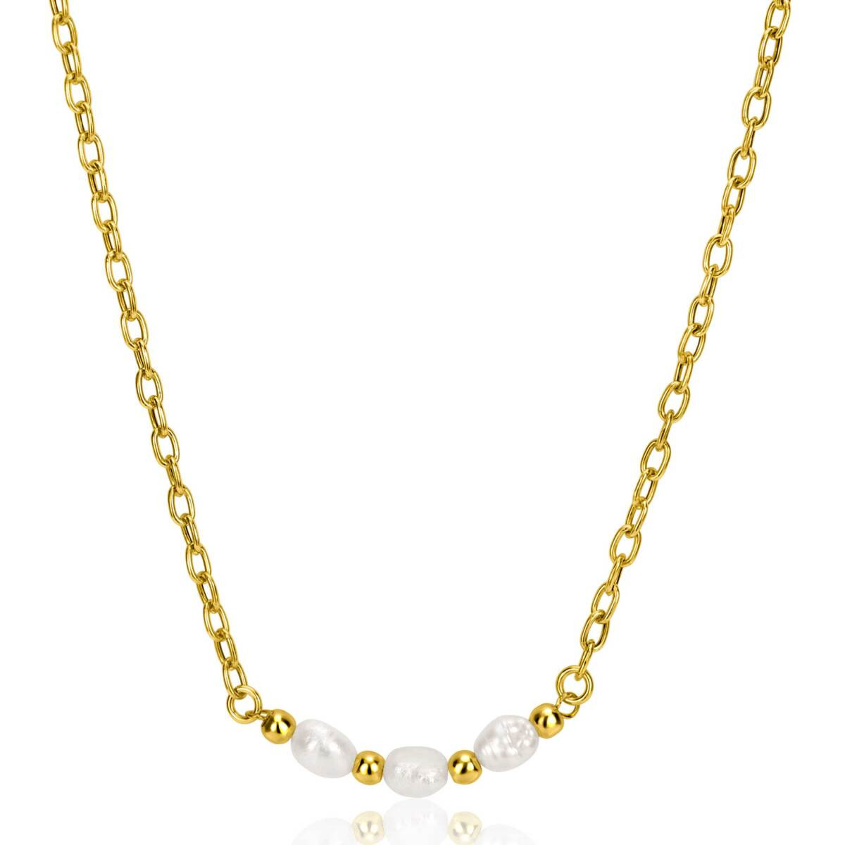 Zinzi ZIC2643 gold plated jasseron ketting met witte zoetwaterparels - Lengte 42-45 cm