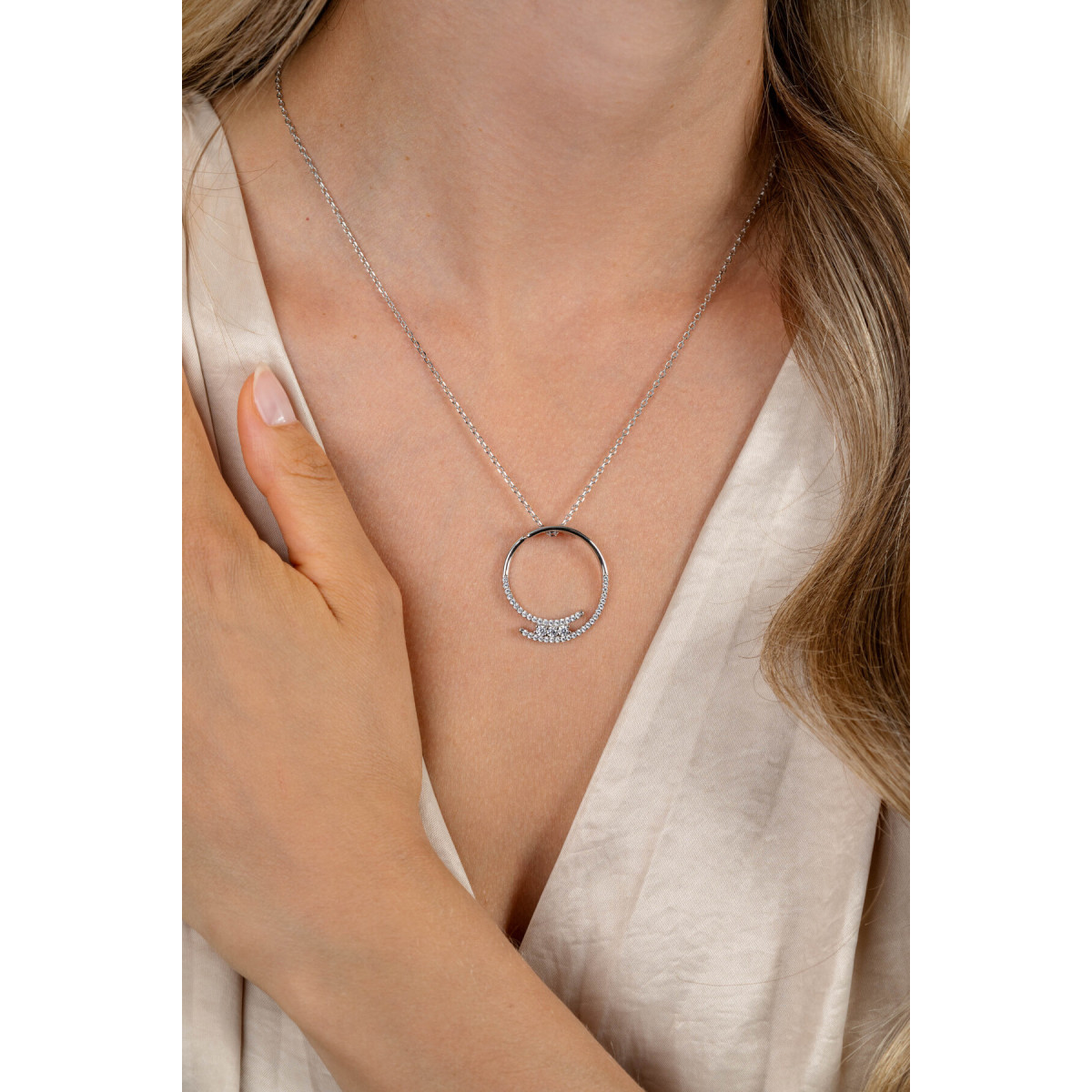 Zinzi ZIC2645 zilverkleurige ketting met ronde zirkonia hanger - Lengte 45-50 cm